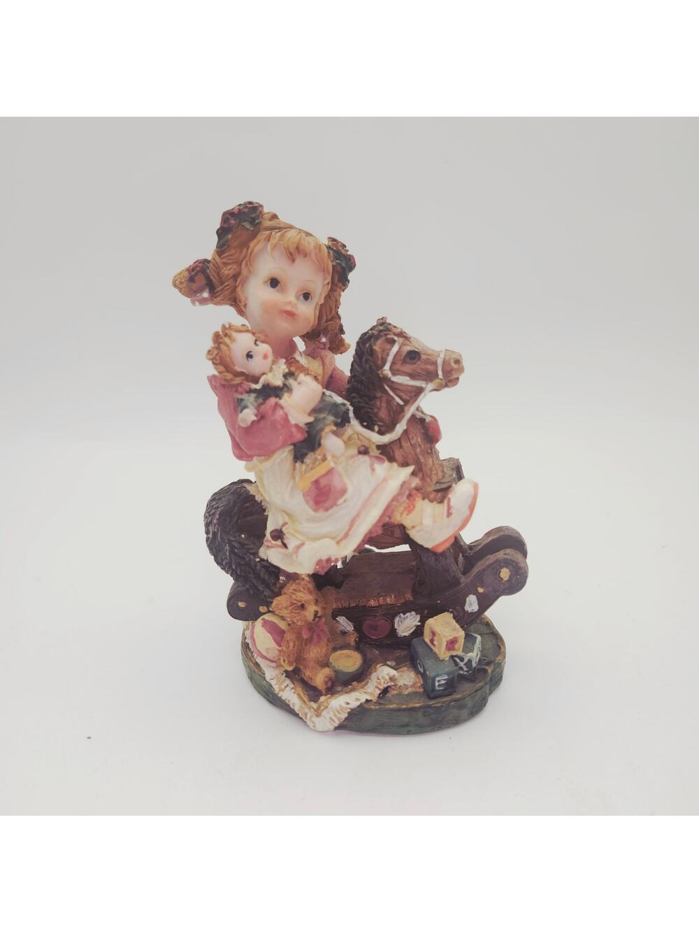 Girl on Rocking Horse with Doll Figurine Toys Vintage Style Resin Nursery Decor